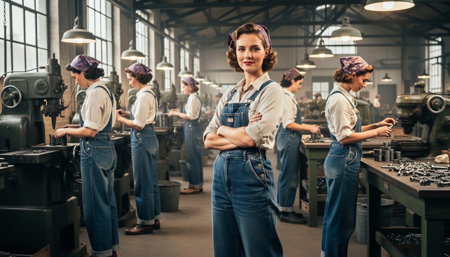 1940s women's work clothing including coveralls and headscarf representing wartime fashion transformation