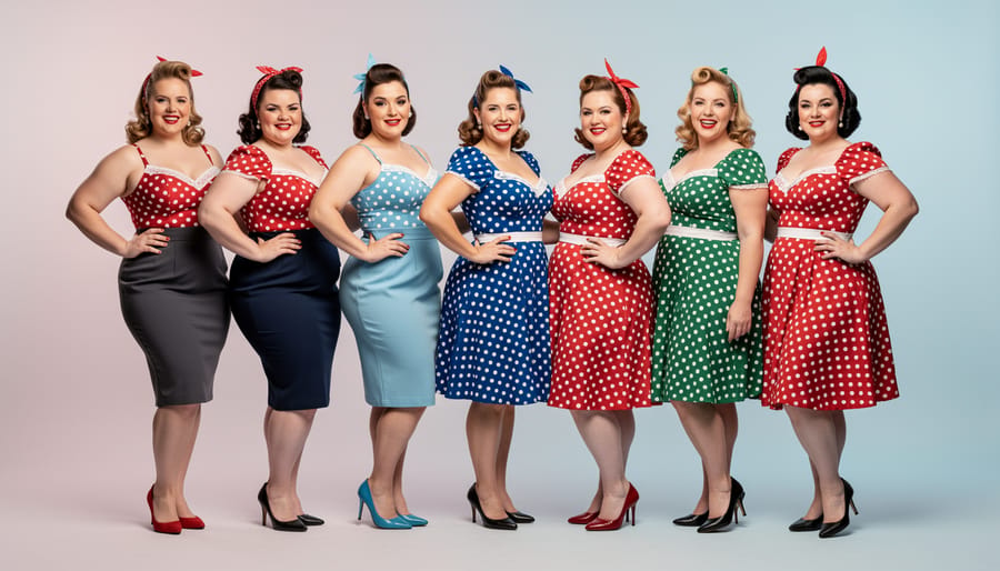 1950s red polka dot pinup-style dress showcasing the era's celebration of feminine curves