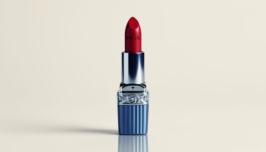 Close-up of lips wearing vintage-inspired blue-toned red lipstick