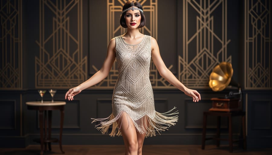 1920s flapper dress with beaded fringe detail on display showcasing the era's revolutionary fashion