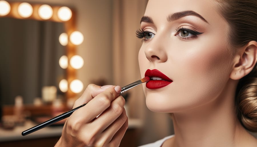 Close-up of vintage red lipstick application technique using lip brush