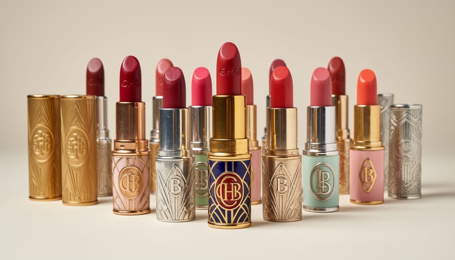 Collection of vintage red lipstick tubes on antique vanity table