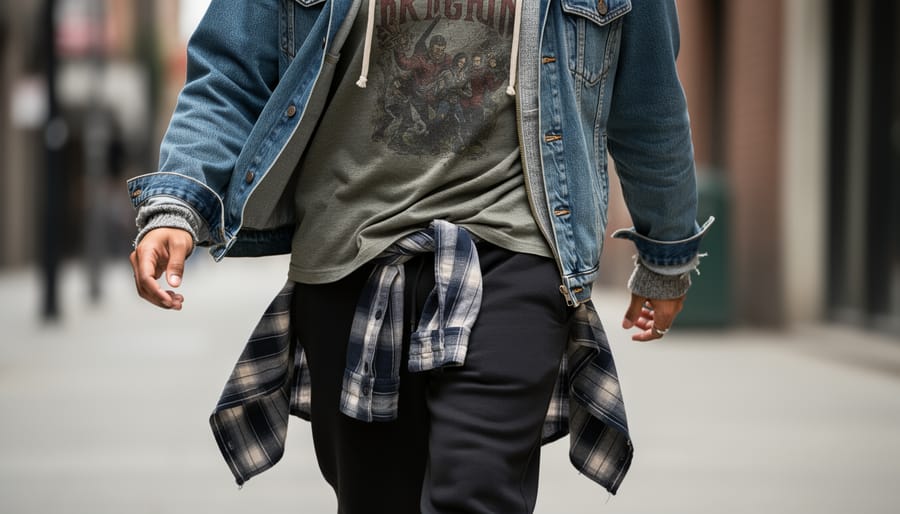 Close-up of hands adjusting a flannel layer with a slip dress hem and accessories nearby