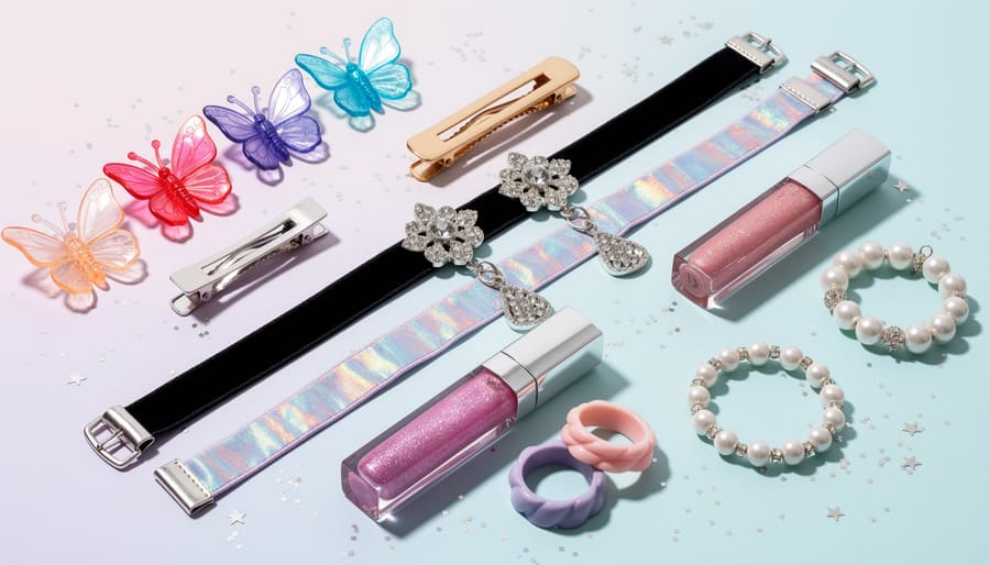 Close-up of Y2K accessories including butterfly clips, rhinestone chokers, glittery hair pins, and mini bag