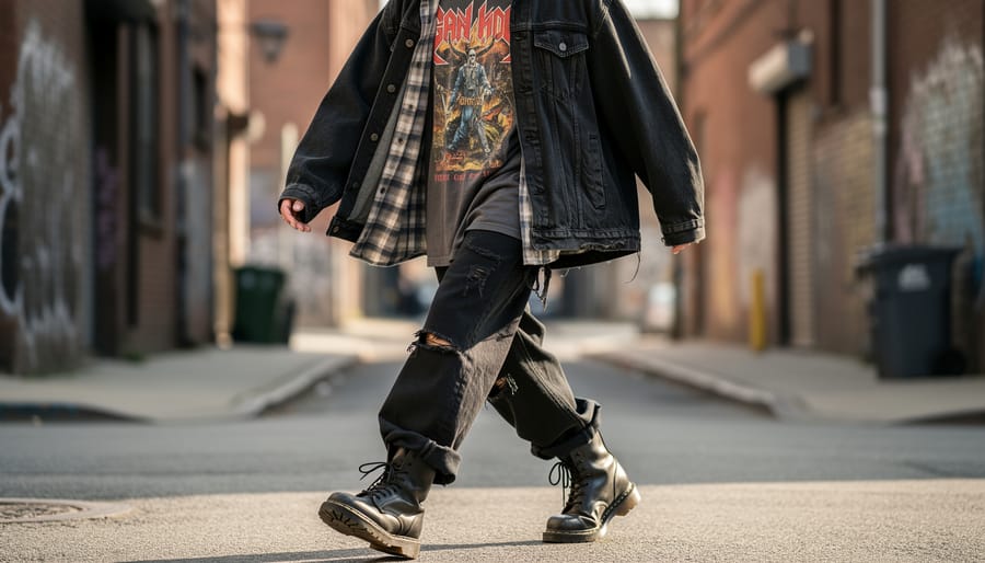Person confidently walking in oversized flannel and babydoll dress with combat boots during golden hour
