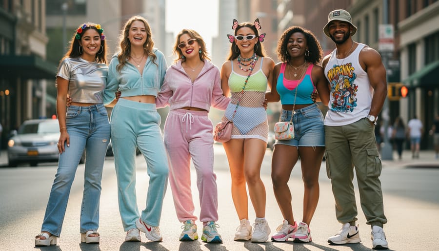 Three friends in Y2K-inspired outfits outdoors, wearing velour tracksuits, rhinestone sunglasses, and butterfly clips