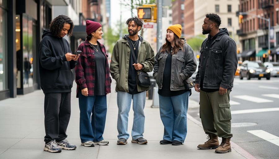 Three people wearing 90s grunge fashion with flannel layers and combat boots on a city sidewalk