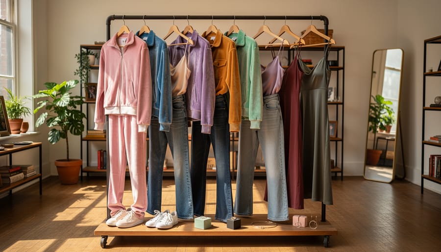 Vintage boutique rack with early-2000s clothing including velour tracksuits, rhinestone denim, and satin skirts
