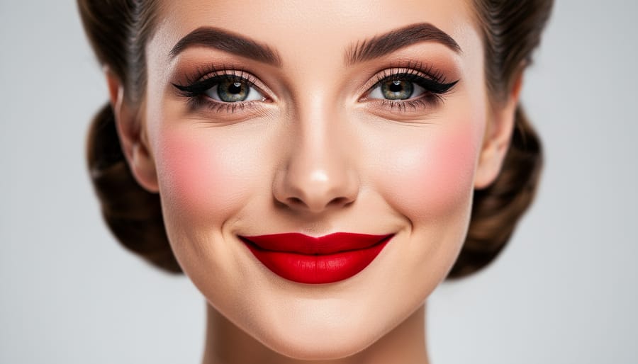 Close-up of a model wearing finished pinup makeup with red lips and rosy blush