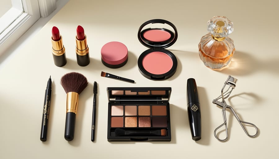 Top-down view of arranged pinup makeup products including foundation, blush, liner, mascara, and red lipstick