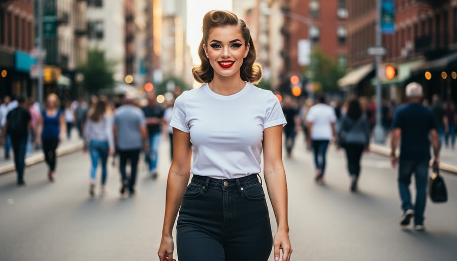 Model in a red vintage outfit checking her pinup makeup in a mirror outdoors at golden hour