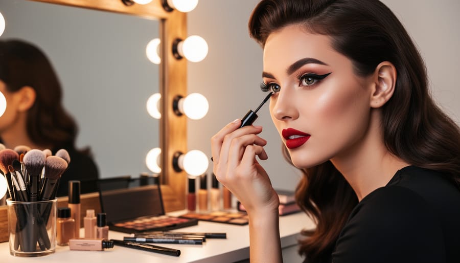 Diverse model applying winged eyeliner at a vanity with a small angled brush