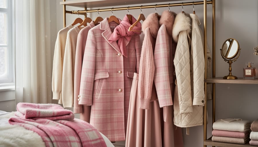 Close-up of hands arranging a pink plaid swing jacket with vintage accessories nearby