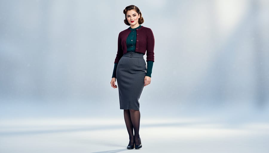 Close-up of a layered winter pinup outfit showing cardigan and bolero textures with jewel-tone accents.