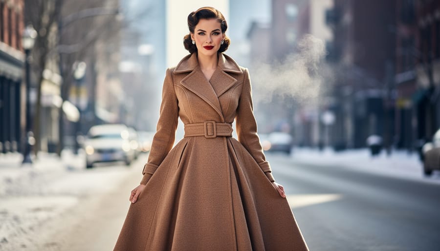 Winter pinup model wearing a belted emerald green swing coat in snowy street conditions.